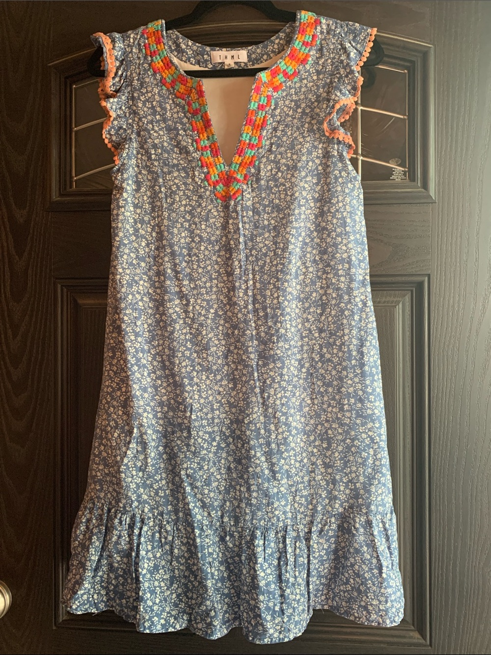 Women’s Blue Floral Dress with Colorful Embroidery by THML
